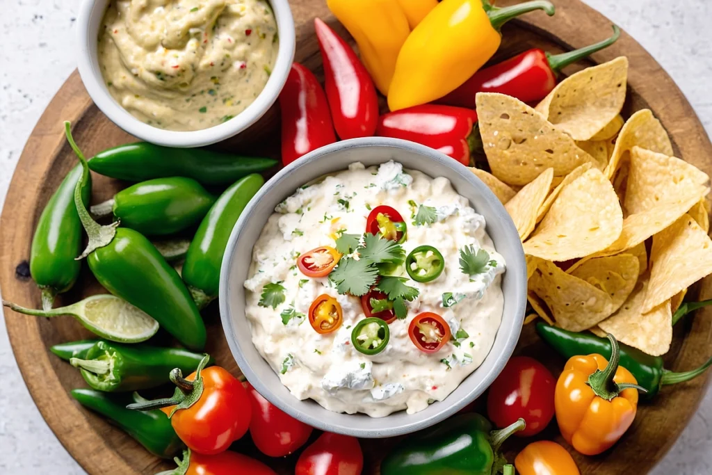 Cottage cheese queso in a bowl surrounded by tortilla chips, sliced bell peppers, and cherry tomatoes, topped with diced jalapeños and cilantro.