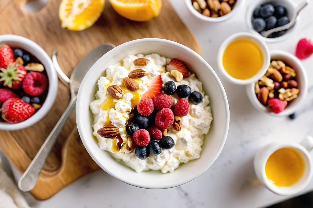 Close-up of a breakfast bowl with cottage cheese, berries, and nuts, taken with an iPhone 15 Pro Max.