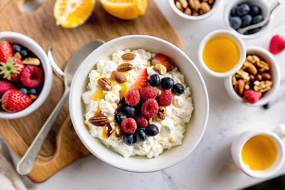Close-up of a breakfast bowl with cottage cheese, berries, and nuts, taken with an iPhone 15 Pro Max.