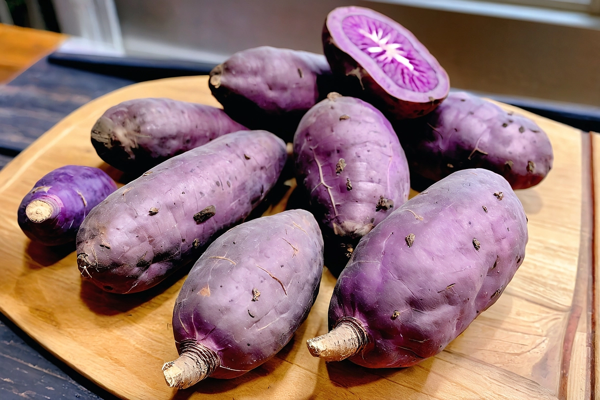 Do purple sweet potatoes taste different - whole and sliced on a rustic table.