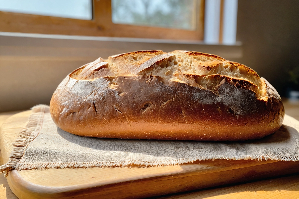 Freshly baked sourdough bread on a cutting board with storage options nearby.