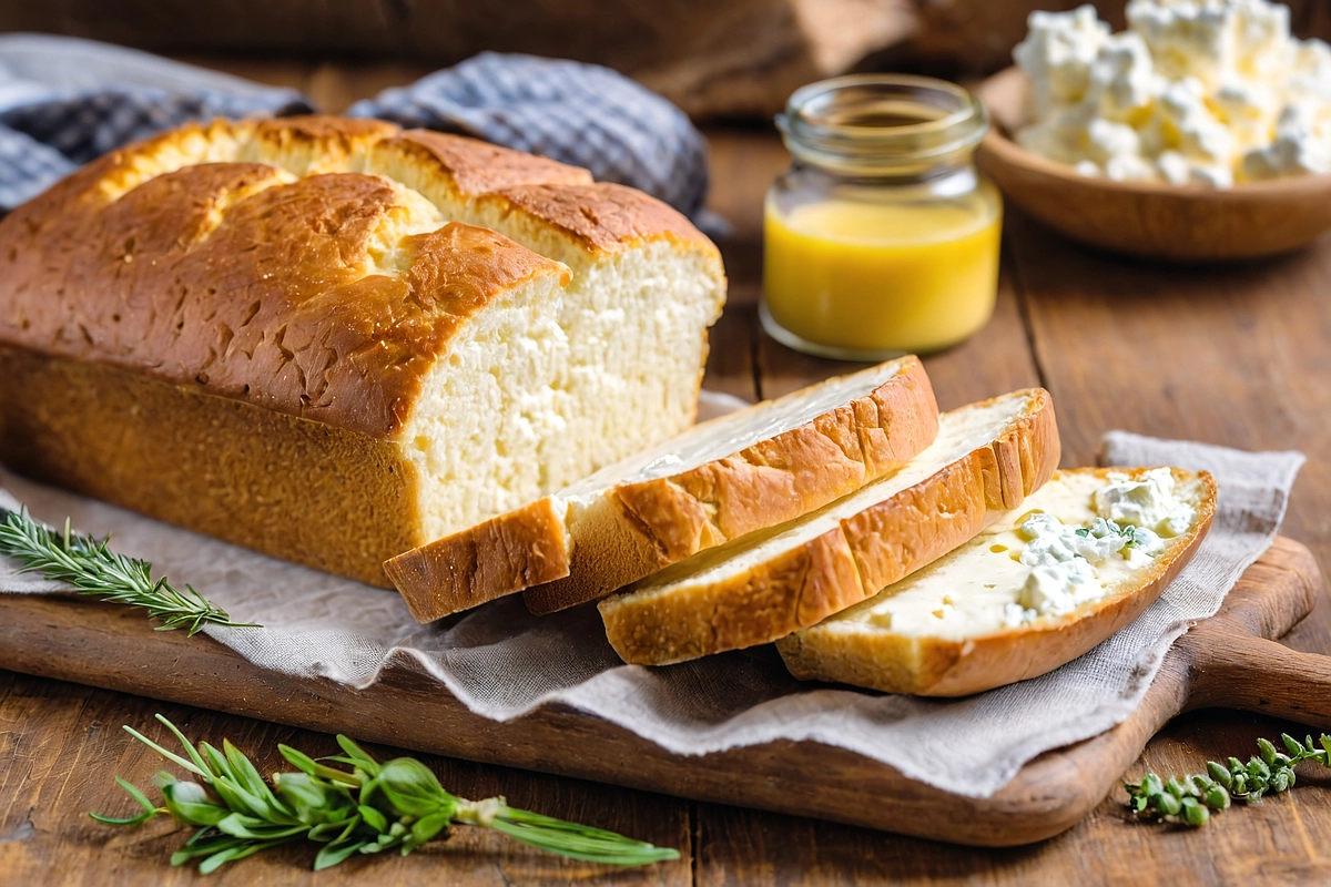 Close-up of freshly baked cottage cheese bread with a crispy crust and soft interior, sliced on a wooden table, surrounded by kitchen elements.