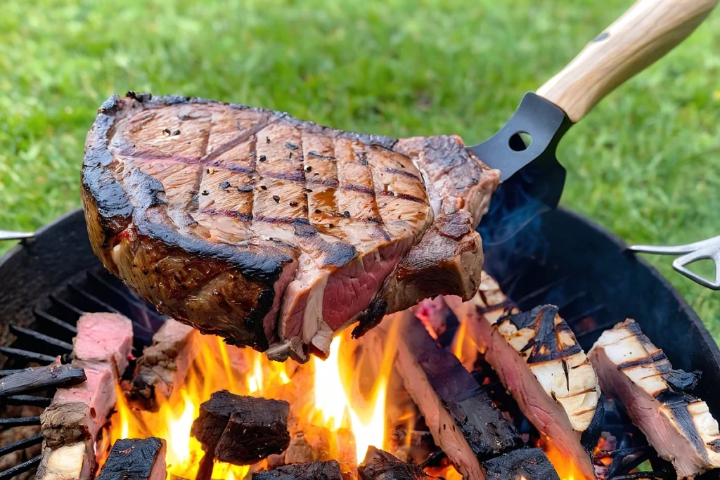 Close-up of a perfectly grilled tomahawk steak on a charcoal grill in a backyard setting.