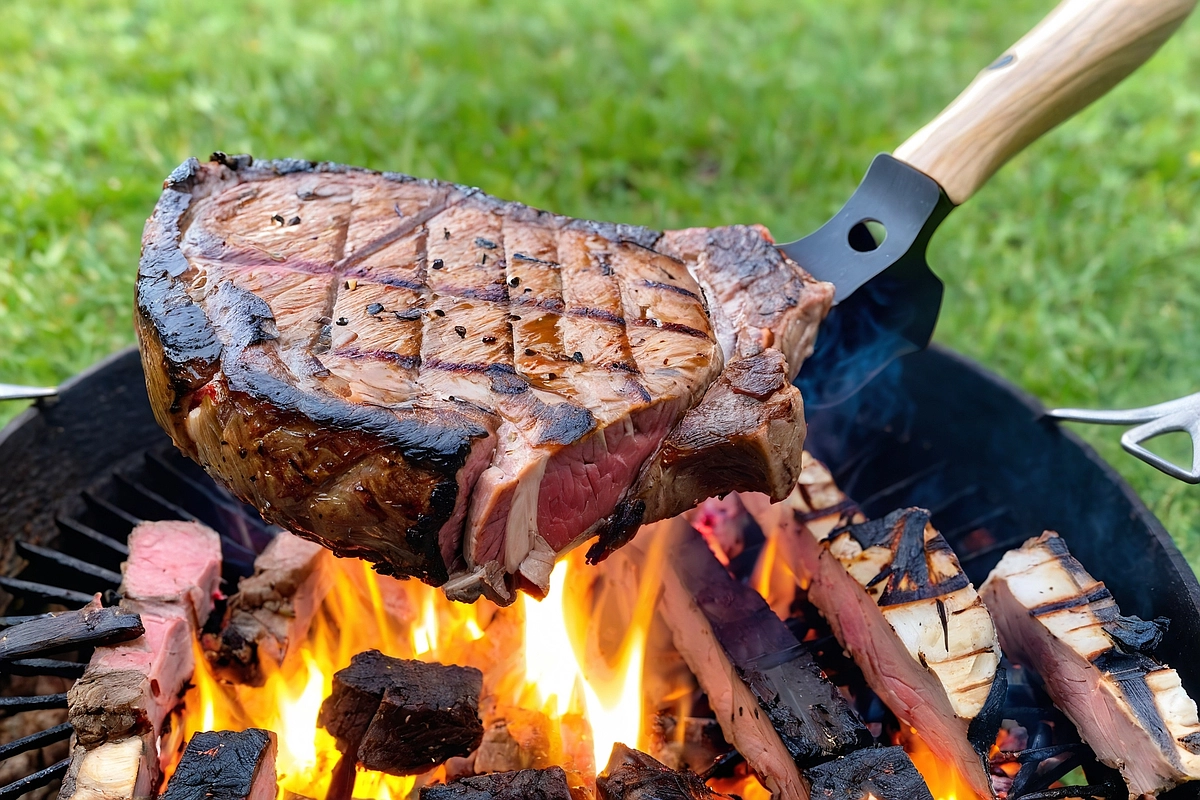 Close-up of a perfectly grilled tomahawk steak on a charcoal grill in a backyard setting.