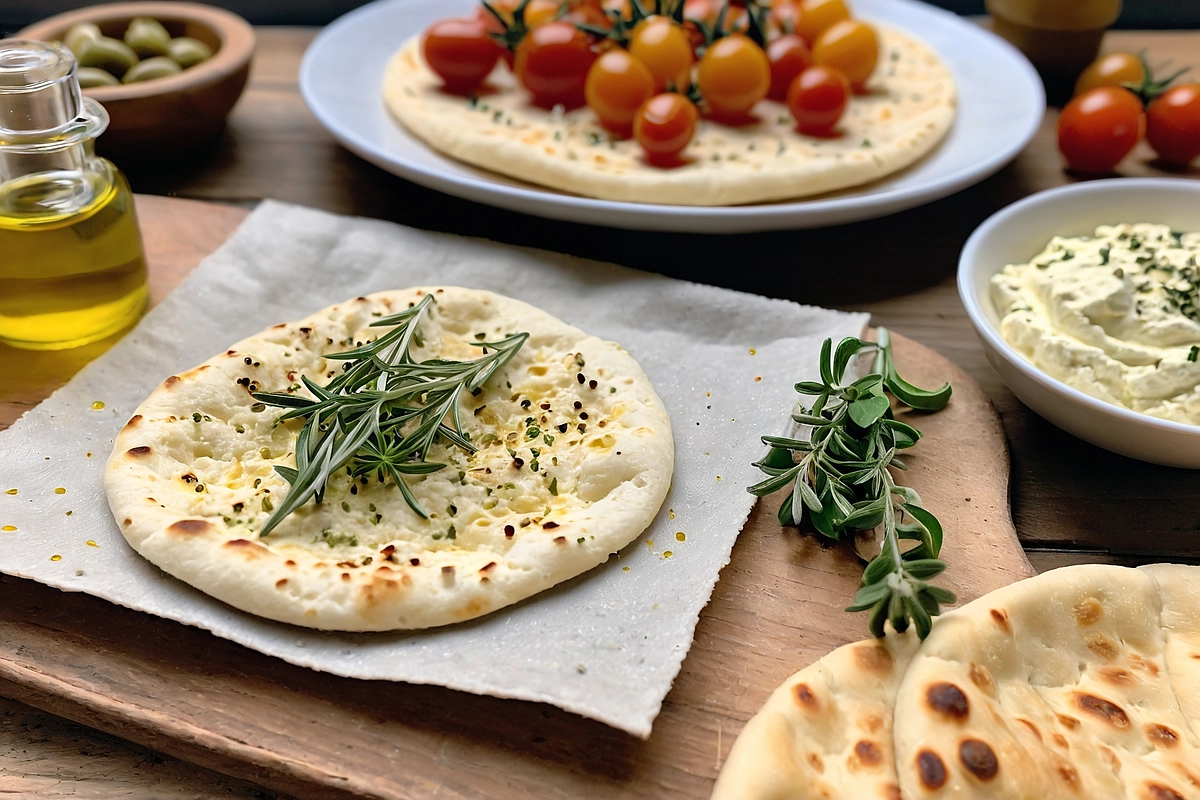Freshly baked cottage cheese flatbread on a wooden table with herbs and small bowls of dips taken by an amateur using an iPhone 15 Pro Max.