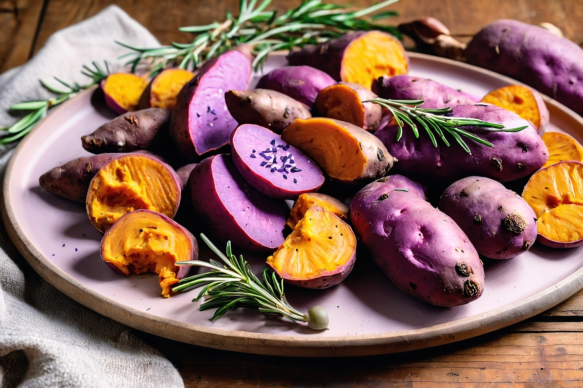 How to cook purple sweet potatoes in various ways, including roasted, boiled, and mashed, on a rustic wooden table.