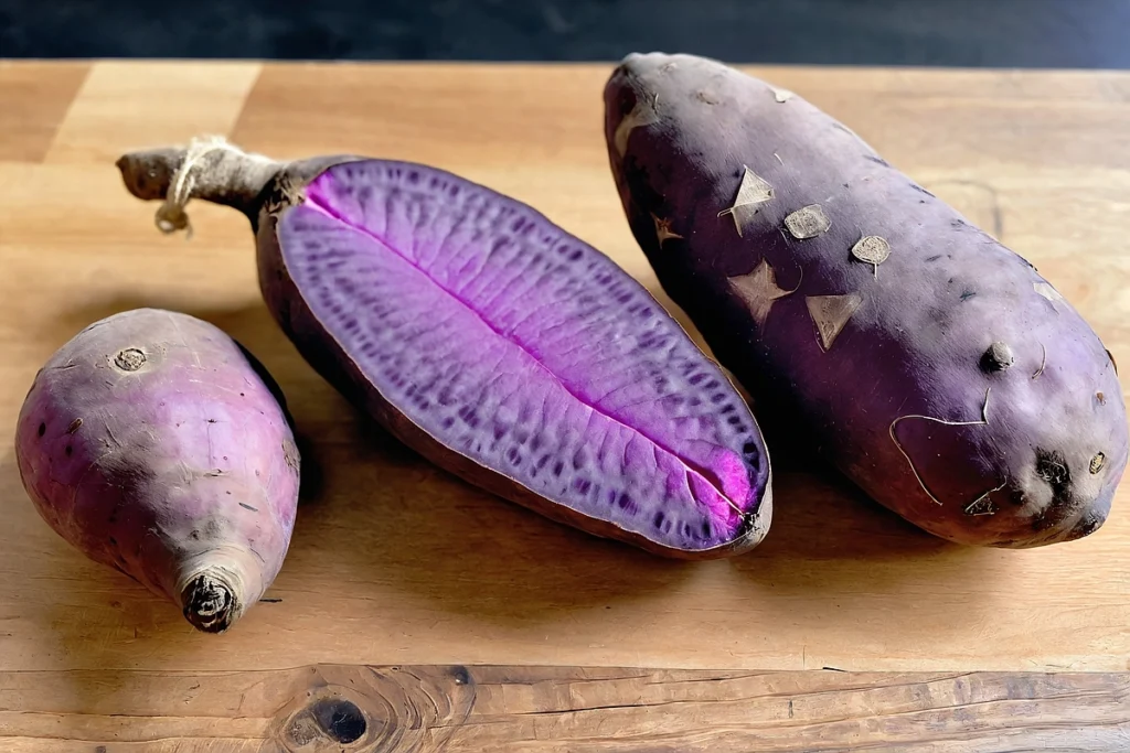Is purple yam the same as purple sweet potato? Close-up showing their different textures and shades of purple.