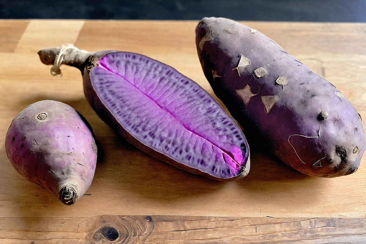 Is purple yam the same as purple sweet potato? Close-up showing their different textures and shades of purple.