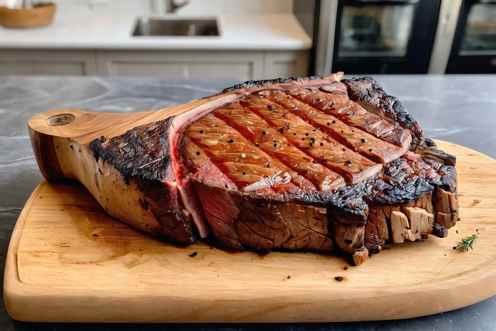 Perfectly cooked tomahawk steak resting on a wooden cutting board in a cozy kitchen.