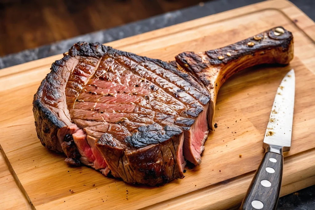 Close-up of a perfectly reverse-seared tomahawk steak with a golden-brown crust on a wooden cutting board.