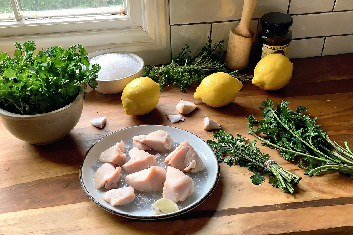 Homemade chicken brine with fresh herbs, lemon slices, and garlic in a rustic kitchen setting.