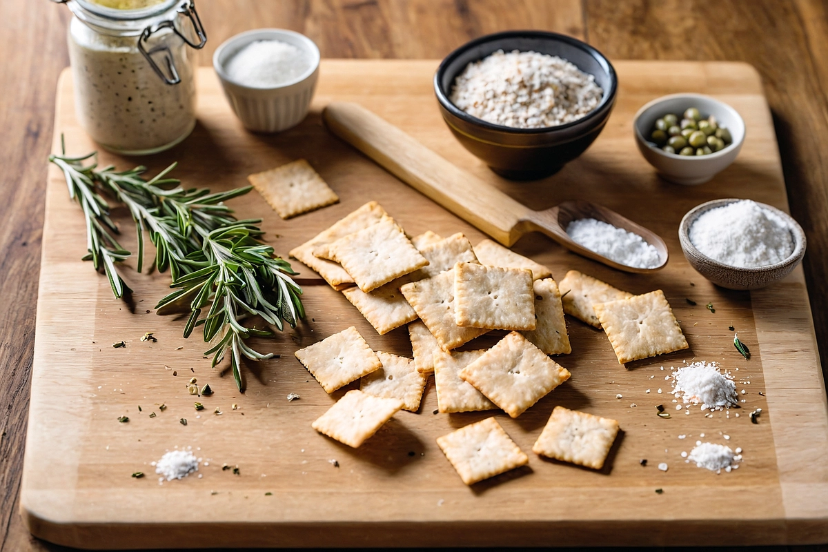 Sourdough discard crackers on a rustic wooden board with sea salt, rosemary, and olive oil in a cozy kitchen setting.