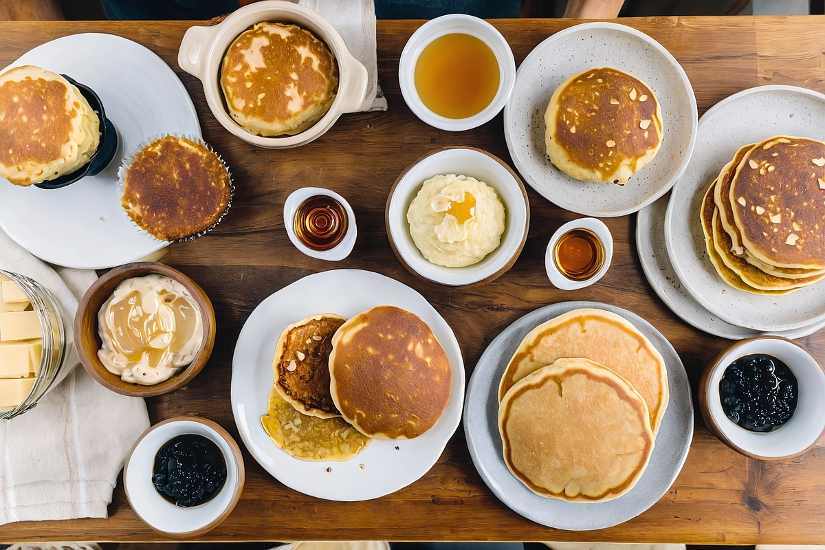 Homemade sourdough discard pancakes, muffins, and flatbread on a rustic kitchen table