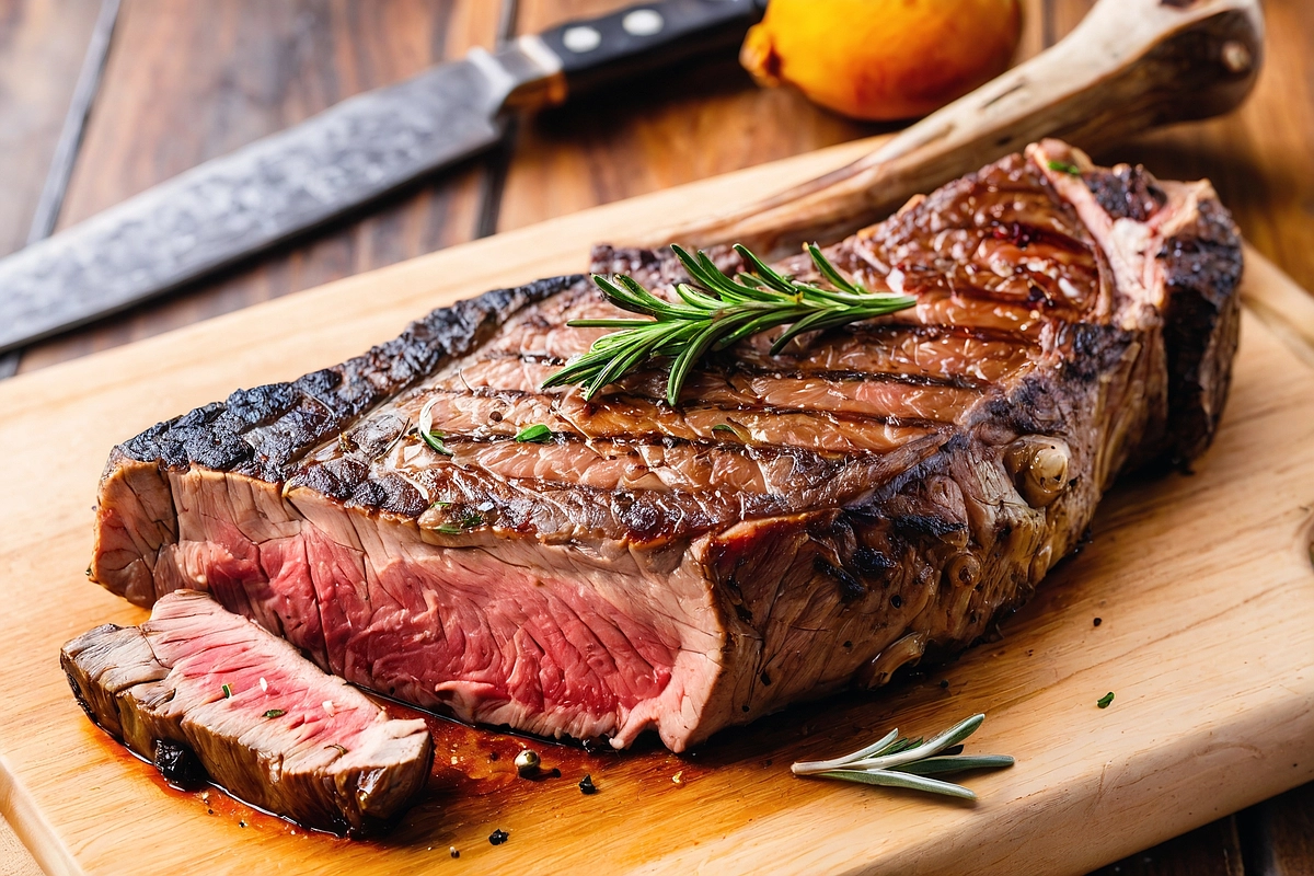 Tomahawk steak with a golden-brown sear on a wooden cutting board, showcasing expert cooking techniques and garnished with rosemary and garlic.