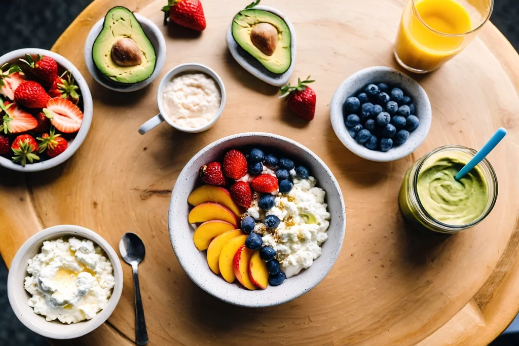 Homemade breakfast with cottage cheese, fresh fruits, avocado toast, and a smoothie on a rustic wooden table.