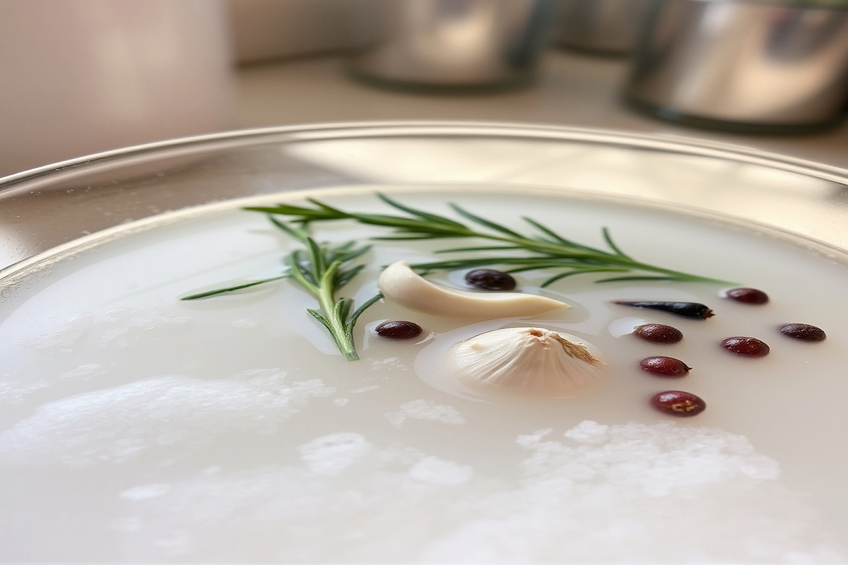 Close-up of a brine solution with salt, sugar, and herbs taken with an iPhone 15 Pro Max.