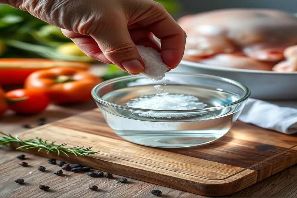 Close-up of salt being poured into water for brine preparation.