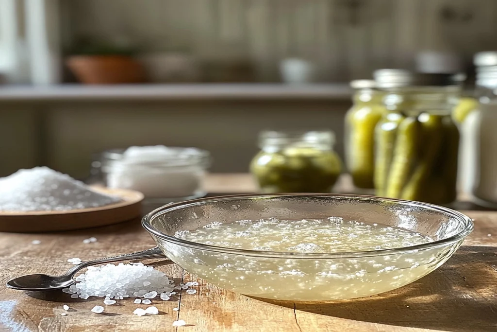 Simple brine solution in a glass bowl with salt and water on a kitchen counter, demonstrating the brine solution formula.