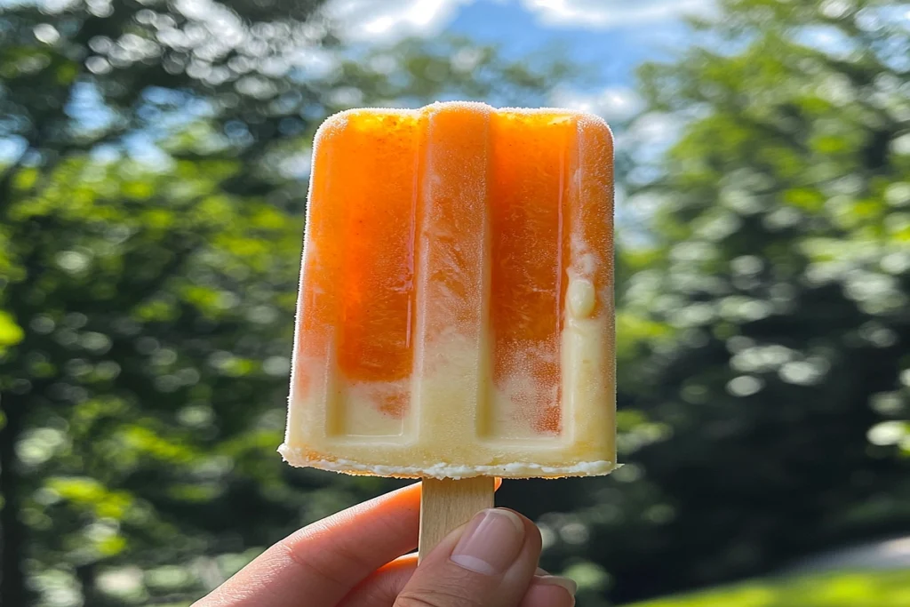 Are Creamsicles ice cream? Close-up of a melting Creamsicle in hand on a bright summer day.