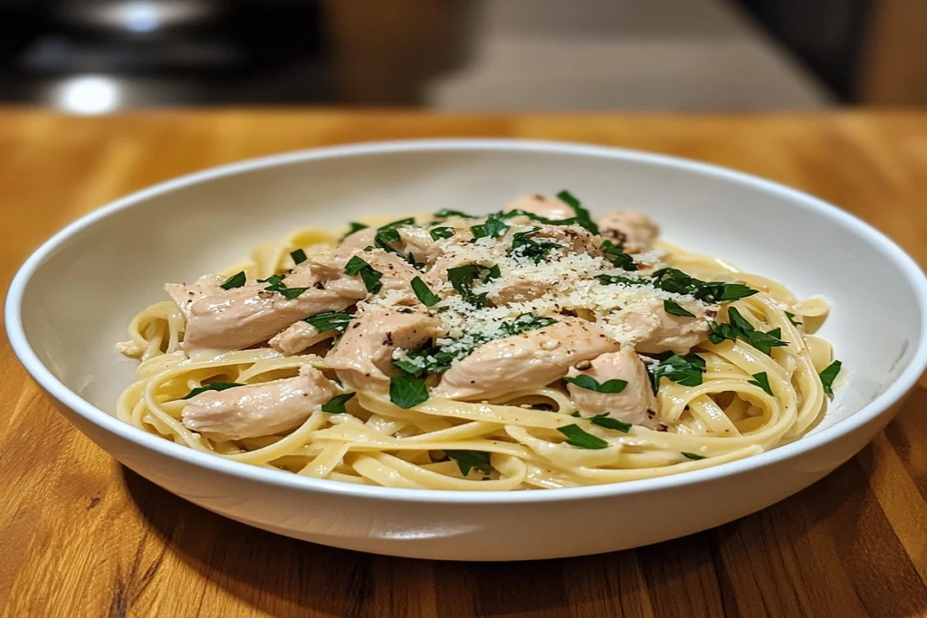 Chicken Alfredo served in a white bowl, garnished with parsley and Parmesan cheese.