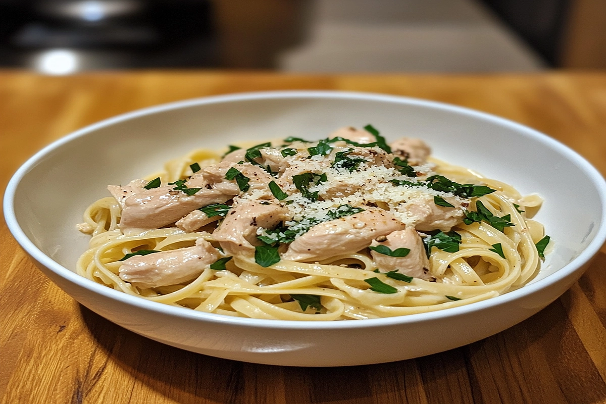 Chicken Alfredo served in a white bowl, garnished with parsley and Parmesan cheese.