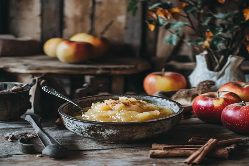Cinnamon applesauce in a rustic bowl surrounded by fresh apples and cinnamon sticks