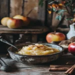 Cinnamon applesauce in a rustic bowl surrounded by fresh apples and cinnamon sticks