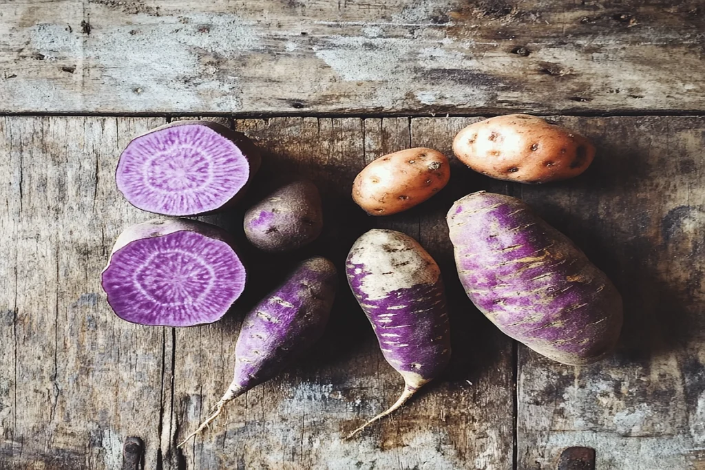 Purple yams and purple sweet potatoes on a rustic wooden table, showing their differences in appearance.