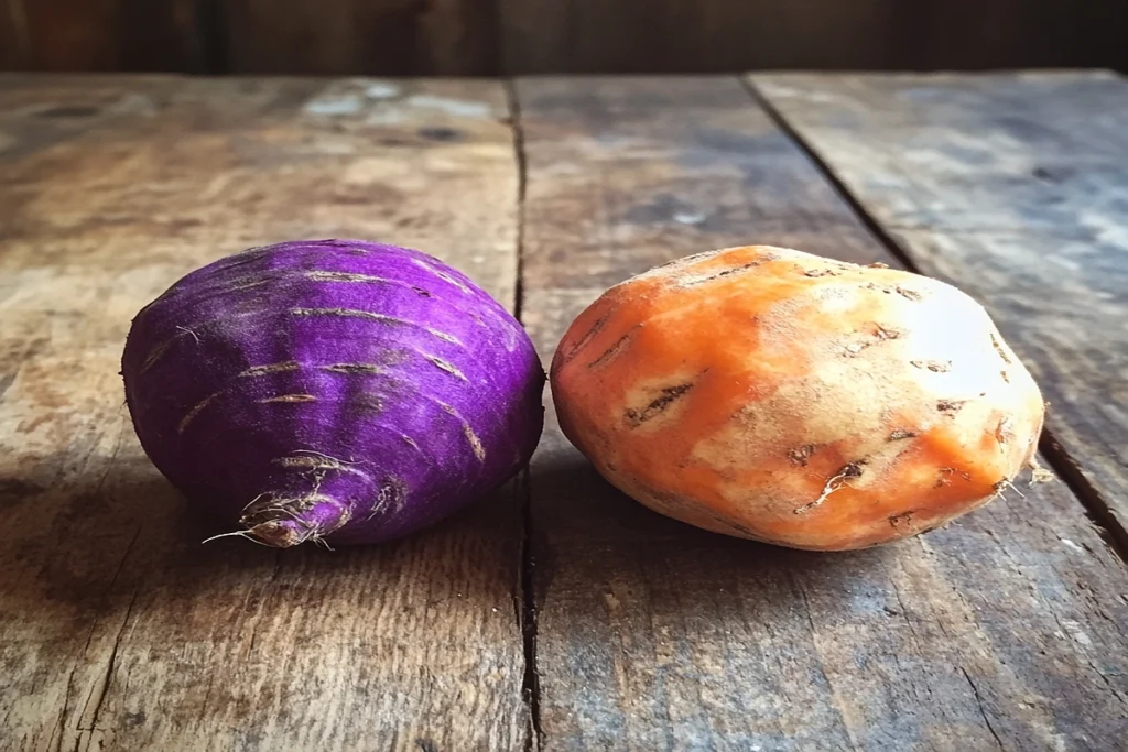 Comparison of ube and sweet potatoes side by side on a wooden table.