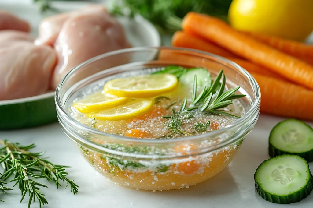 A close-up shot of a homemade brine solution with salt, herbs, and lemon, prepared for chicken and vegetables, captured with an iPhone 15 Pro Max.