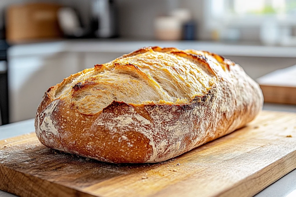 Freshly baked sourdough bread with a crispy crust on a rustic wooden cutting board in a natural kitchen setting.