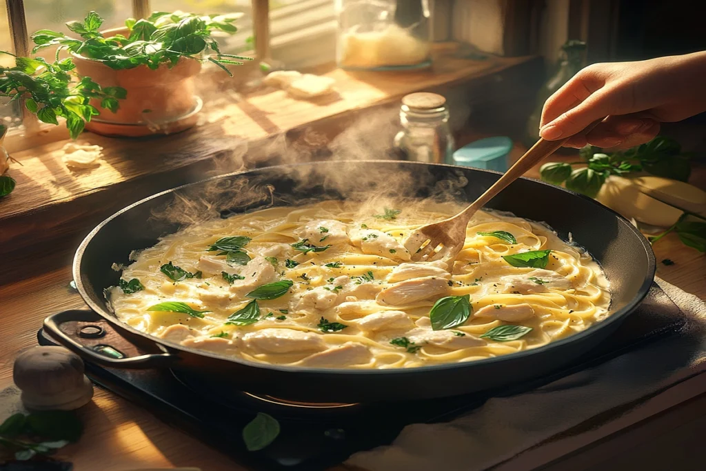 How can I make my Chicken Alfredo taste better with fresh herbs and cheese.