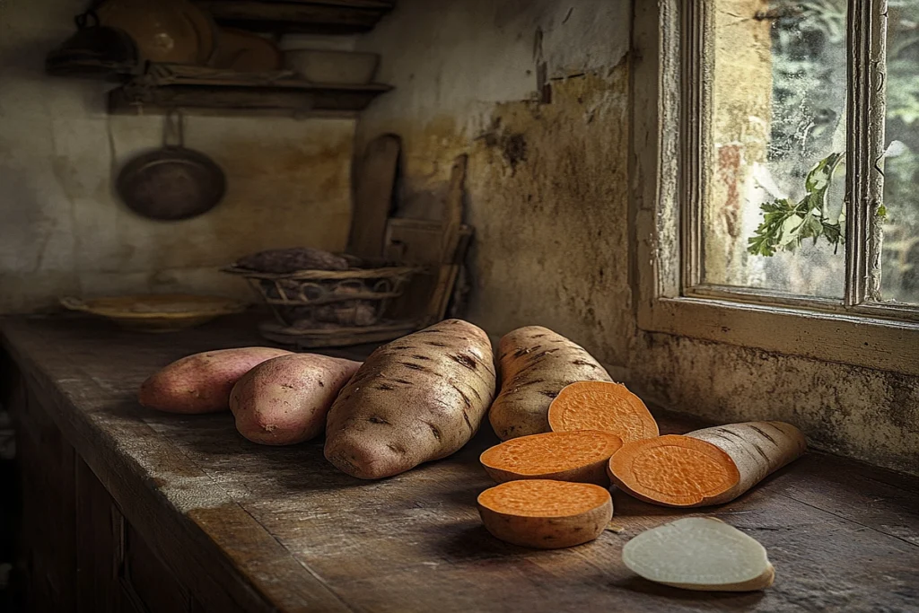 What is the difference between sweet potatoes and yams displayed on a kitchen counter.