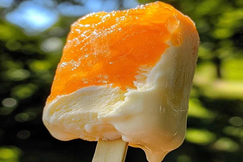 What is the difference between a Dreamsicle and a Creamsicle? Close-up of a frozen treat with creamy vanilla and orange sherbet layers.