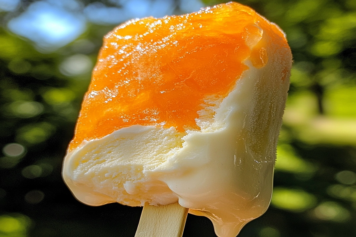 What is the difference between a Dreamsicle and a Creamsicle? Close-up of a frozen treat with creamy vanilla and orange sherbet layers.