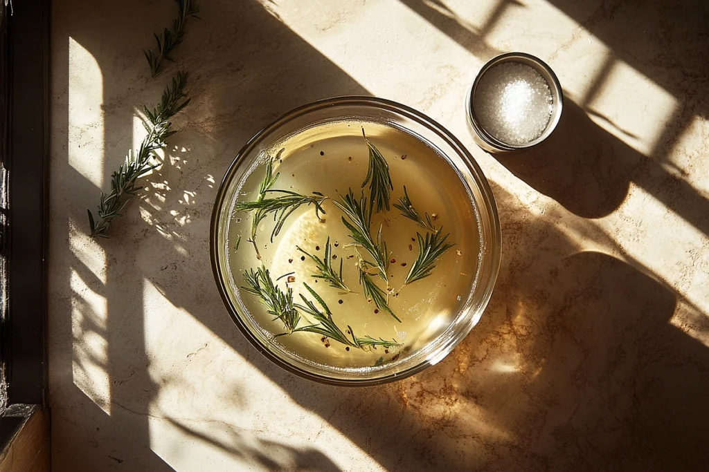 What is the mixture of brine? Homemade brine with water, salt, and herbs in a bowl.