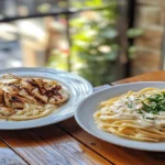 Chicken Alfredo and Fettuccine Alfredo dishes side by side on a wooden table.