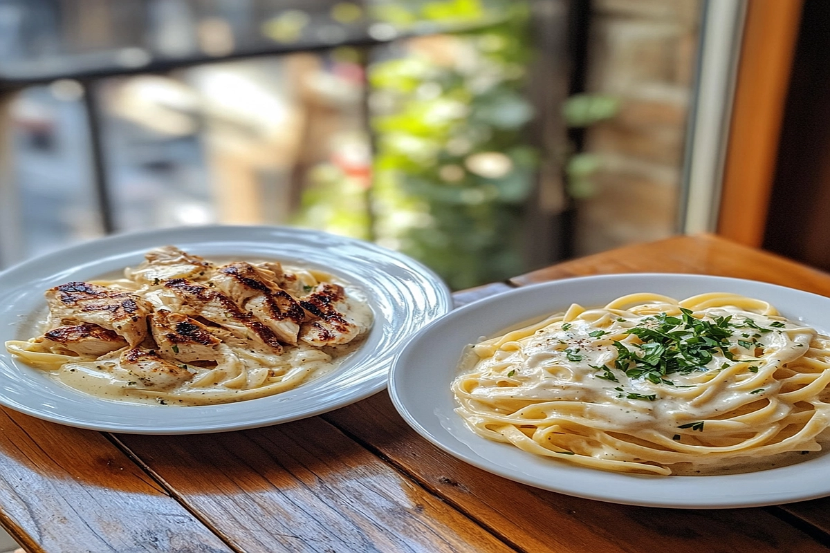 Chicken Alfredo and Fettuccine Alfredo dishes side by side on a wooden table.