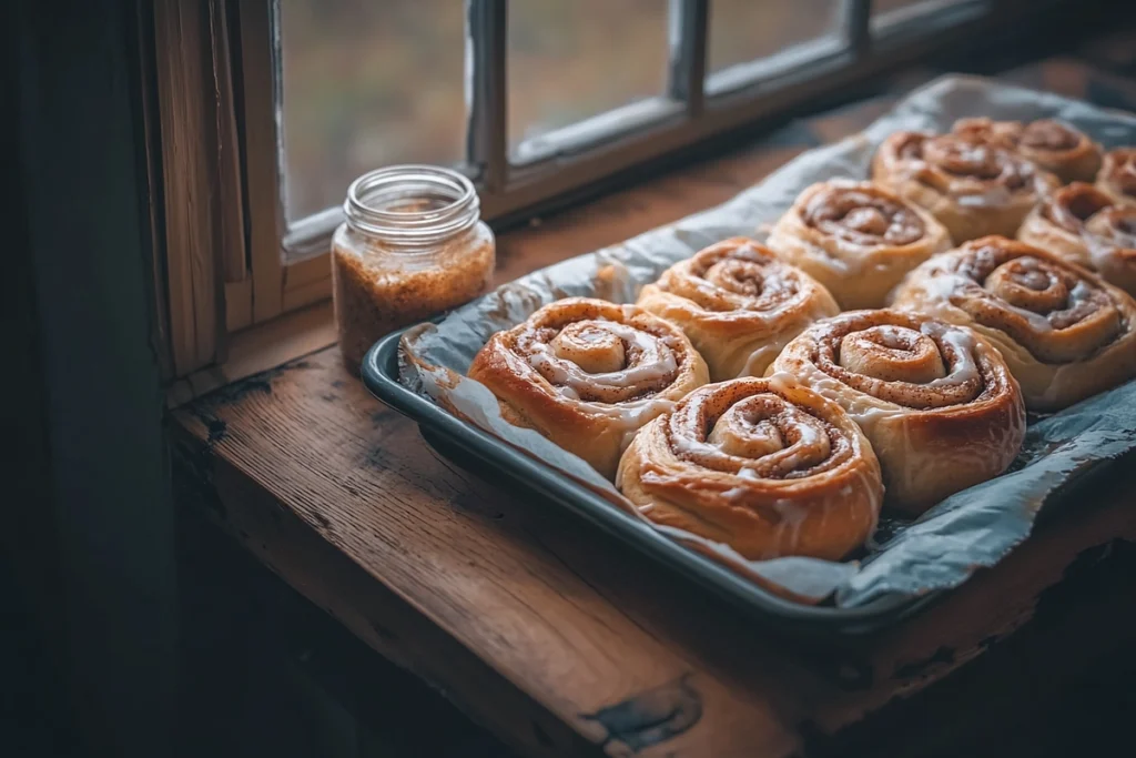 Why did my sourdough cinnamon rolls not rise? Freshly baked sourdough cinnamon rolls on a wooden tray with a jar of sourdough starter.