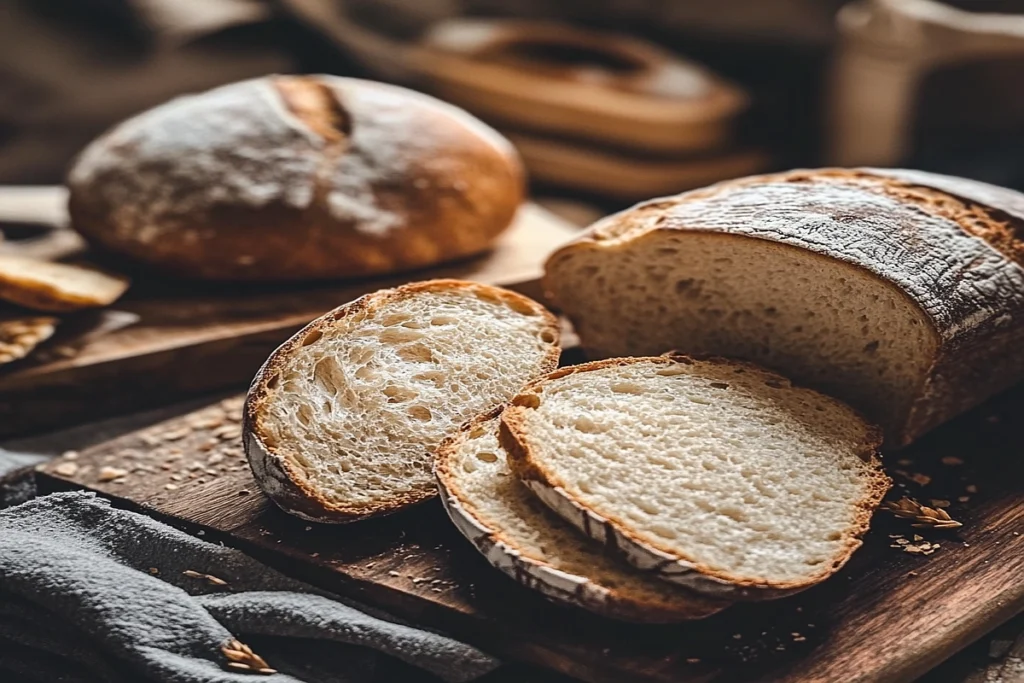 Comparison of sourdough bread and wheat bread, sliced on a rustic wooden surface.