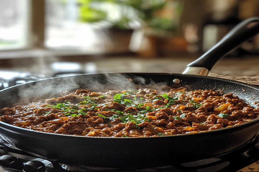 Ground beef dish on a rustic kitchen countertop with fresh herbs.