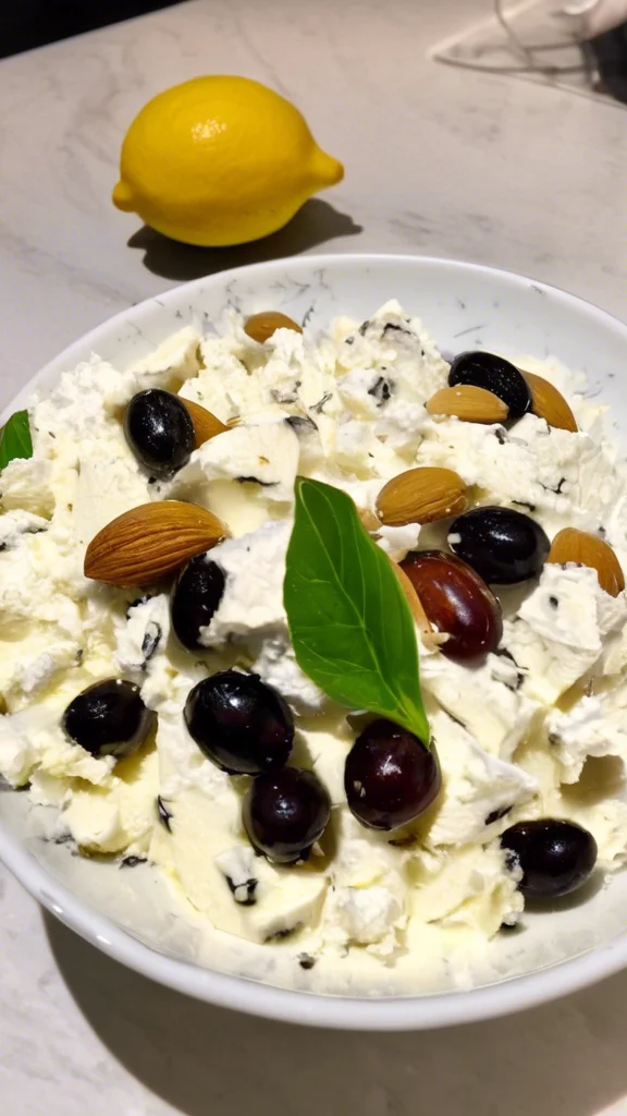 Beautifully plated Ricotta With Crushed Olives, Almonds & Lemon
